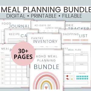 ADHD monthly meal planner printable, Daily meal tracker, Food journal, Food diary, Fitness planner, Kitchen inventory, Weight loss planner