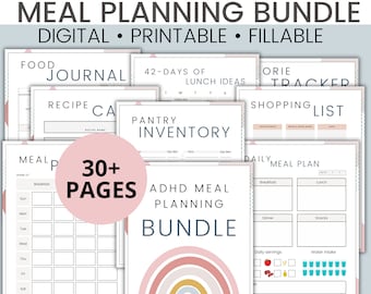 ADHD monthly meal planner printable, Daily meal tracker, Food journal, Food diary, Fitness planner, Kitchen inventory, Weight loss planner