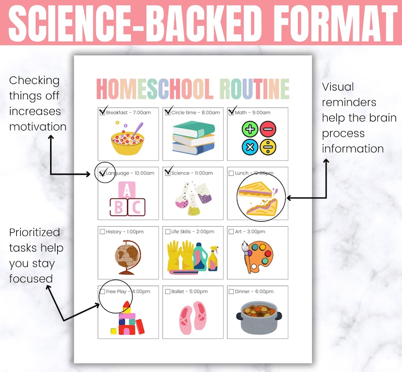 May include: A printable homeschool routine chart with colorful boxes and illustrations. The chart includes activities like breakfast, circle time, math, language, science, lunch, history, life skills, free play, ballet, art, and dinner. The chart is designed to help children learn and stay focused.