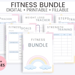 May include: A printable fitness bundle with a rainbow and clouds design. The bundle includes trackers for water intake, weight loss, steps, and strength training. The pages are designed with a pink and blue color scheme.