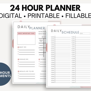 May include: A printable daily planner with a pink and white color scheme. The planner is divided into two sections: a daily schedule and a daily planner. The daily schedule section has a column for each half hour of the day, from 5:00 AM to 5:00 PM. The daily planner section has sections for "Most Important Task", "Must Do", "Should Do", "Would Like To Do", "Meals", "Things", and "Reminders".