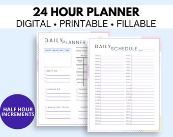 24 Hour Daily Planner Printable, Daily To-Do List, Half Hour Planner, Time Blocking Template, Daily agenda, AM PM Schedule, Planner Inserts