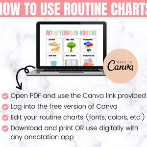 May include: A laptop screen displaying a printable routine chart for children. The chart is titled "My Afternoon Routine" and includes activities like "Eat lunch", "Take a walk", "Pick up clutter", "Drink water", "Read 1 chapter", and "Activity with kids". The chart is made in Canva.