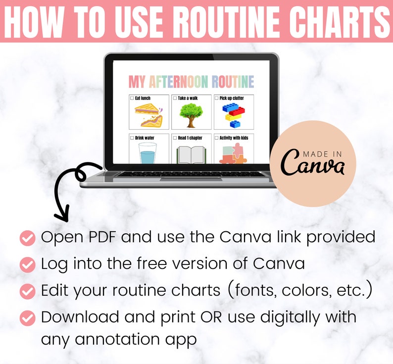 May include: A laptop screen displaying a printable routine chart for children. The chart is titled "My Afternoon Routine" and includes activities like "Eat lunch", "Take a walk", "Pick up clutter", "Drink water", "Read 1 chapter", and "Activity with kids". The chart is made in Canva.