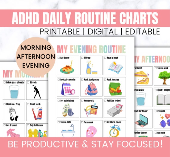 ADHD/ Neurodivergent Daily Visual Schedule, Editable Routine Cards, Family Routine Cards, Homeschool Schedule, Routine Chart for Adults