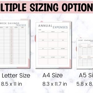 May include: Three printable budget planner pages in US Letter, A4, and A5 sizes. The pages are designed with a pink and white colour scheme and include sections for a 52 week savings tracker, annual expenses, and debt snowball tracker.