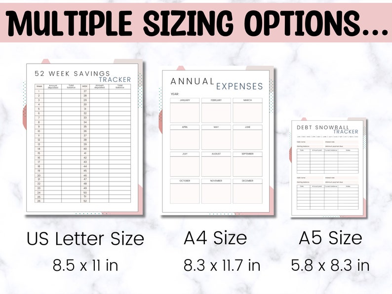 May include: Three printable budget planner pages in US Letter, A4, and A5 sizes. The pages are designed with a pink and white colour scheme and include sections for a 52 week savings tracker, annual expenses, and debt snowball tracker.
