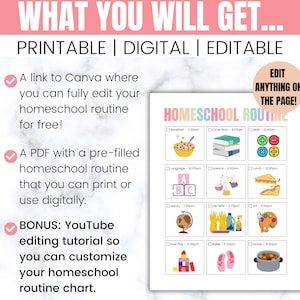 May include: A pink and white printable homeschool routine chart with colorful icons for activities like breakfast, circle time, math, language, science, lunch, history, fine motor skills, art, free play, ballet, and dinner. The chart includes checkboxes and time slots for each activity. The text "EDIT ANYTHING ON THE PAGE!" is in a pink box at the top right corner of the chart.
