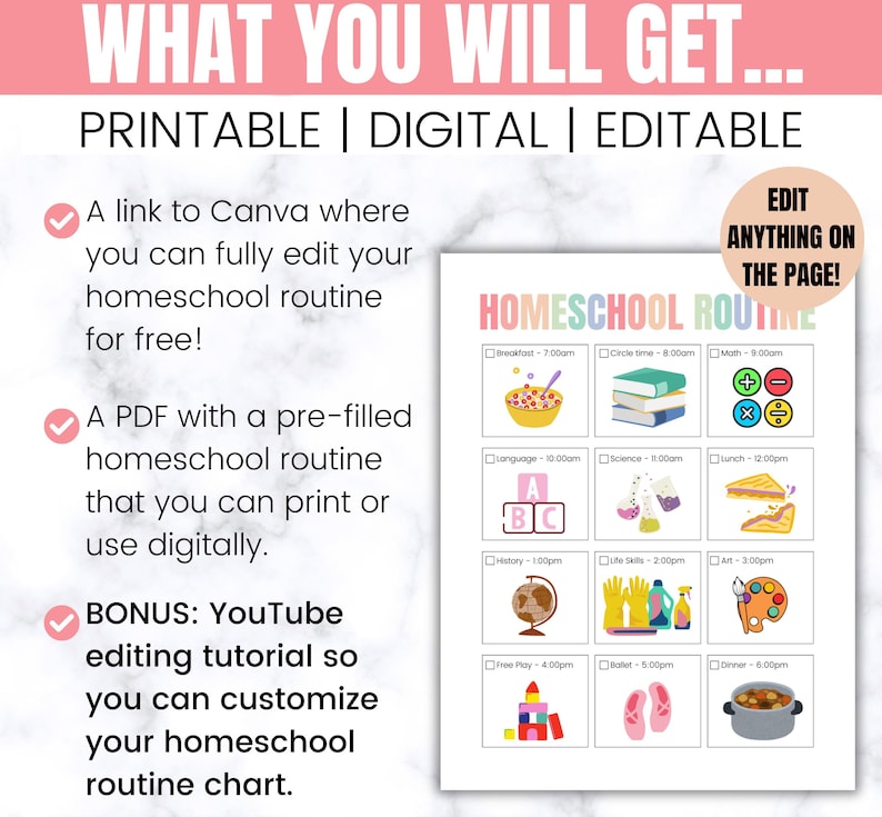 May include: A pink and white printable homeschool routine chart with colorful icons for activities like breakfast, circle time, math, language, science, lunch, history, fine motor skills, art, free play, ballet, and dinner. The chart includes checkboxes and time slots for each activity. The text "EDIT ANYTHING ON THE PAGE!" is in a pink box at the top right corner of the chart.