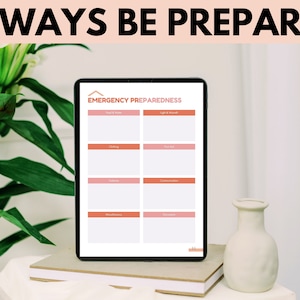 May include: A digital tablet displaying a checklist titled "Emergency Preparedness" with categories for Food & Water, Light & warmth, Clothing, First Aid, Shelter, Communication, Medications, and Documents.
