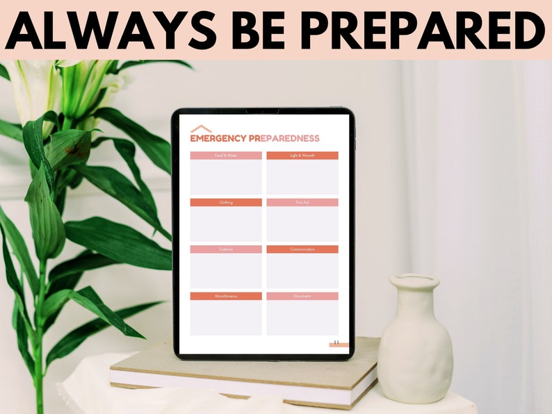 May include: A digital tablet displaying a checklist titled "Emergency Preparedness" with categories for Food & Water, Light & warmth, Clothing, First Aid, Shelter, Communication, Medications, and Documents.