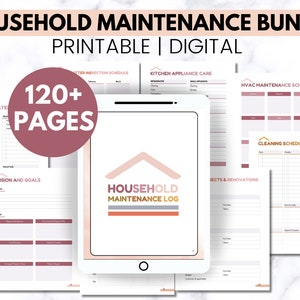 May include: A digital printable bundle of household maintenance log pages. The bundle includes over 120 pages with sections for plumbing, HVAC, cleaning, kitchen appliances, projects and renovations, and vision and goals. The pages are designed with a pink and gold color scheme.