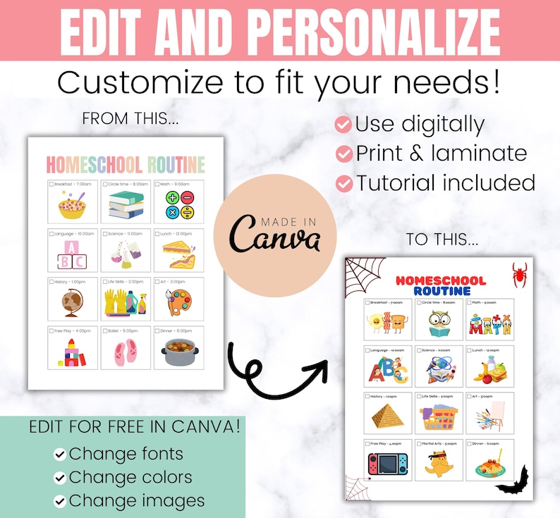May include: A digital printable homeschool routine chart with a colorful design. The chart is customizable and can be edited in Canva. The chart includes a checklist for daily activities such as breakfast, circle time, math, language, science, art, free play, snack, and dinner. The chart also includes a section for time slots and a space for the child's name. The chart is designed to help children learn and grow.