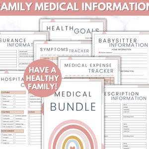 Puede incluir: Un paquete de formularios m&eacute;dicos imprimibles con un dise&ntilde;o de arco&iacute;ris rosa, melocot&oacute;n y amarillo. El paquete incluye formularios para informaci&oacute;n de seguros, objetivos de salud, seguimiento de s&iacute;ntomas, seguimiento de gastos m&eacute;dicos, informaci&oacute;n de ni&ntilde;era e informaci&oacute;n de prescripciones. El texto "Have a Healthy Family!" est&aacute; en un c&iacute;rculo con un fondo rosa.