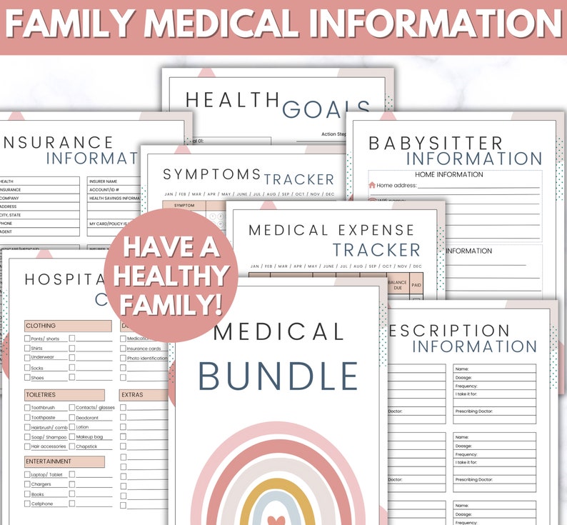Puede incluir: Un paquete de formularios m&eacute;dicos imprimibles con un dise&ntilde;o de arco&iacute;ris rosa, melocot&oacute;n y amarillo. El paquete incluye formularios para informaci&oacute;n de seguros, objetivos de salud, seguimiento de s&iacute;ntomas, seguimiento de gastos m&eacute;dicos, informaci&oacute;n de ni&ntilde;era e informaci&oacute;n de prescripciones. El texto "Have a Healthy Family!" est&aacute; en un c&iacute;rculo con un fondo rosa.