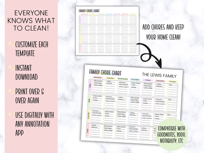 Chore Chart for Kids, Family Chore Chart, Weekly Cleaning for Kids ...