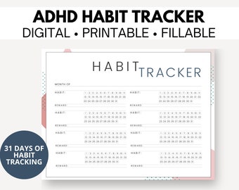 ADHD Monthly Habit Tracker Printable, Daily Habit Tracker Template, Routine Tracker, Habit to do list, 31 Day Editable Habit Tracker,