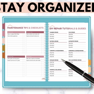 May include: A blue and pink planner with a spiral binding. The left side of the planner has a section for "Maintenance Tips & Checklists" with headings for "Monthly Tasks", "Quarterly Tasks", "Seasonal Tasks", and "Annual Tasks". The right side of the planner has a section for "DIY Repair Tutorials & Guides" with headings for "Plumbing Repairs", "HVAC Repairs", "Electrical Repairs", "Automotive Repairs", "Carpentry & Woodworking", "Gardening & Outdoor Repairs", "Appliance Repairs", "Tech & Electronics Repairs", "Painting & Wall Repairs", and "Miscellaneous".
