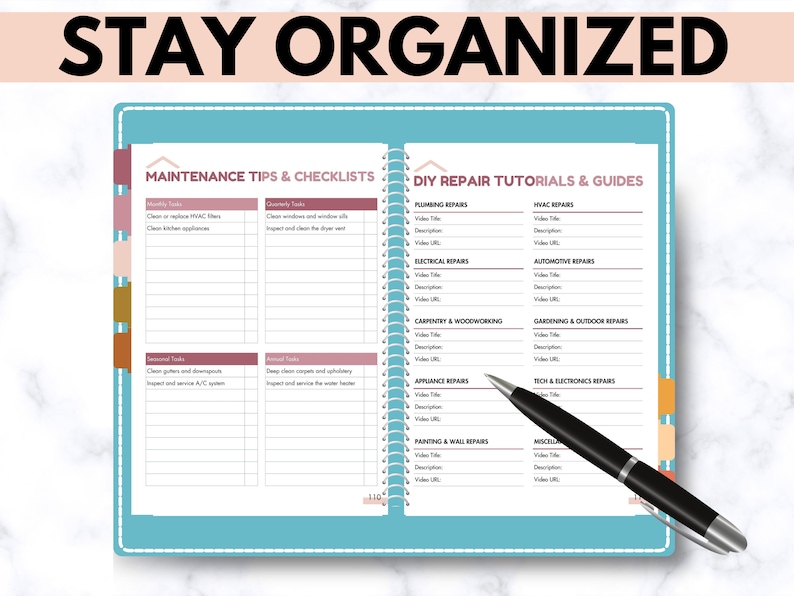 May include: A blue and pink planner with a spiral binding. The left side of the planner has a section for "Maintenance Tips & Checklists" with headings for "Monthly Tasks", "Quarterly Tasks", "Seasonal Tasks", and "Annual Tasks". The right side of the planner has a section for "DIY Repair Tutorials & Guides" with headings for "Plumbing Repairs", "HVAC Repairs", "Electrical Repairs", "Automotive Repairs", "Carpentry & Woodworking", "Gardening & Outdoor Repairs", "Appliance Repairs", "Tech & Electronics Repairs", "Painting & Wall Repairs", and "Miscellaneous".