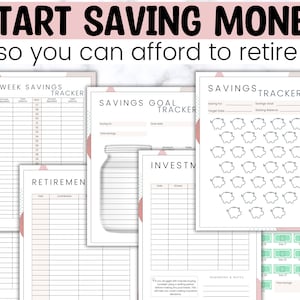 May include: A set of printable financial trackers with pink and green accents. The trackers include a 52-week savings tracker, a savings goal tracker, a retirement tracker, an investment tracker, and a savings challenge tracker.