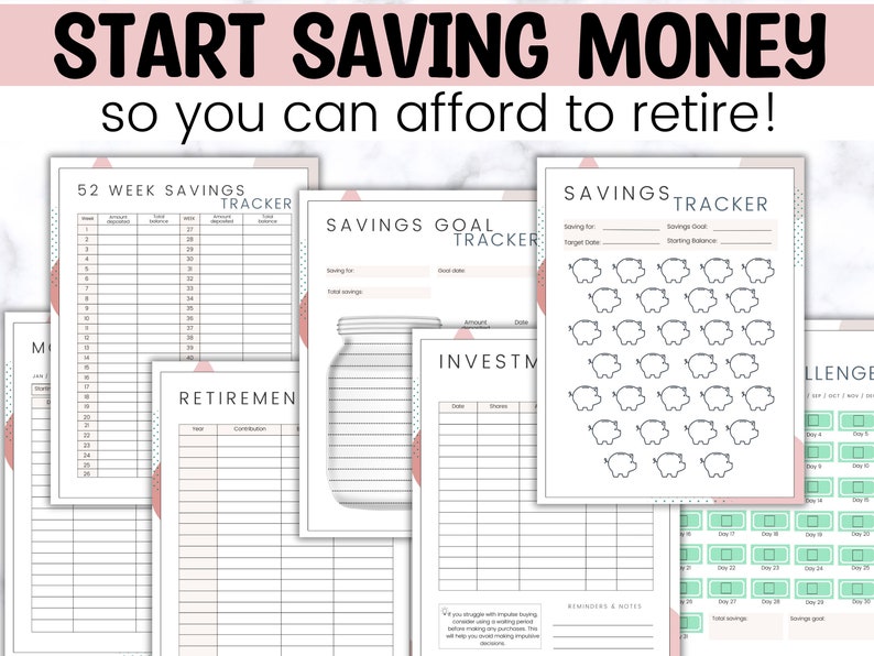 May include: A set of printable financial trackers with pink and green accents. The trackers include a 52-week savings tracker, a savings goal tracker, a retirement tracker, an investment tracker, and a savings challenge tracker.