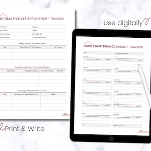 May include: Printable digital planner pages for tracking pet health and vet appointments, and home maintenance budget. The pages are designed with a pink and white color scheme and include sections for pet information, medical history, vaccination schedule, upcoming appointments, and home maintenance categories and budget.
