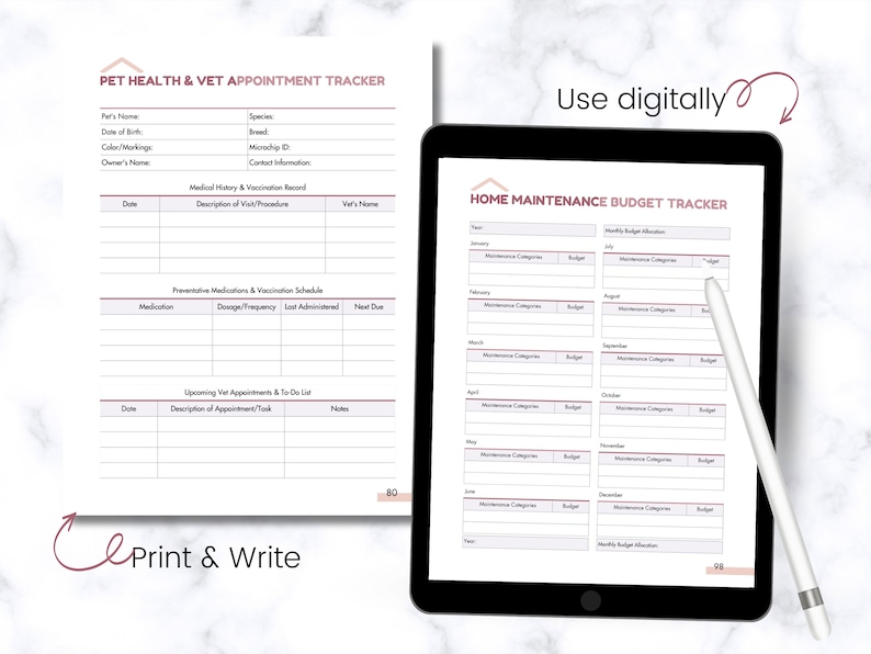 May include: Printable digital planner pages for tracking pet health and vet appointments, and home maintenance budget. The pages are designed with a pink and white color scheme and include sections for pet information, medical history, vaccination schedule, upcoming appointments, and home maintenance categories and budget.