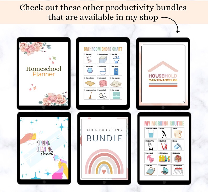 Op de afbeelding: Een digitale productbundel met printbare checklists en grafieken voor huishoudelijke organisatie, homeschooling en persoonlijke productiviteit. De bundel bevat een badkamer schoonmaakschema, een huishoudelijk onderhoudslogboek, een lente schoonmaakchecklist, een ADHD budgetplanner en een ochtendroutine checklist.