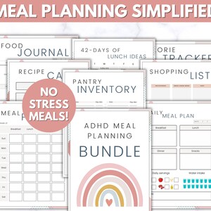 Puede incluir: Un paquete de planificaci&oacute;n de comidas imprimible con un dise&ntilde;o de arco&iacute;ris rosa, amarillo y azul. El paquete incluye un diario de alimentos, tarjetas de recetas, inventario de despensa, lista de compras, 42 ideas de almuerzos, un plan de comidas diario y hojas de trabajo de planificaci&oacute;n de comidas para TDAH. El texto "&iexcl;No Stress Meals!" aparece en un c&iacute;rculo grande.