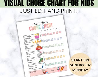 Bewerkbare tabel met visuele taken voor kinderen, dagelijks schema ADHD, afdrukbare verantwoordelijkheidstabel, lijst met taken voor tieners, checklist dagelijkse routine