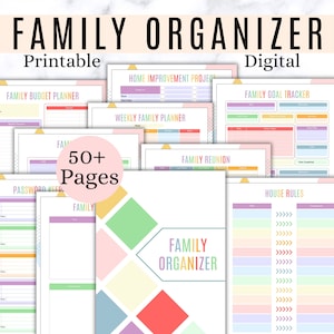 Puede incluir: Un organizador familiar imprimible y digital con más de 50 páginas. Las páginas son coloridas y presentan una variedad de herramientas de organización, incluyendo un planificador de presupuesto familiar, un planificador familiar semanal, un rastreador de objetivos familiares, un planificador de reunión familiar, un administrador de contraseñas y una página de reglas de la casa. Las páginas están diseñadas con un patrón geométrico colorido.