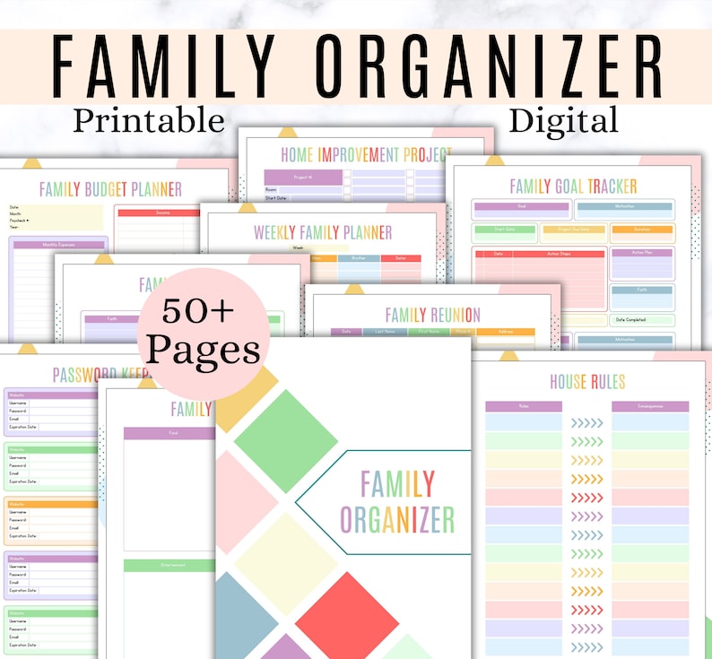 Op de afbeelding: Een printbare en digitale familie-organisator met meer dan 50 pagina's. De pagina's zijn kleurrijk en bevatten een verscheidenheid aan organisatietools, waaronder een gezinsbudgetplanner, een wekelijkse gezinsagenda, een gezinsdoeltracker, een gezinsre&uuml;nieplanner, een wachtwoordbewaarder en een pagina met huisregels. De pagina's zijn ontworpen met een kleurrijk geometrisch patroon.