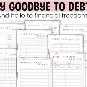 May include: A set of printable financial trackers in a pink and white colour scheme. The trackers include: Accounts, Subscription, Monthly Income, Monthly Budget, Debt Snowball, Monthly Expense, Monthly Bills, Debt Payment, and Goals.