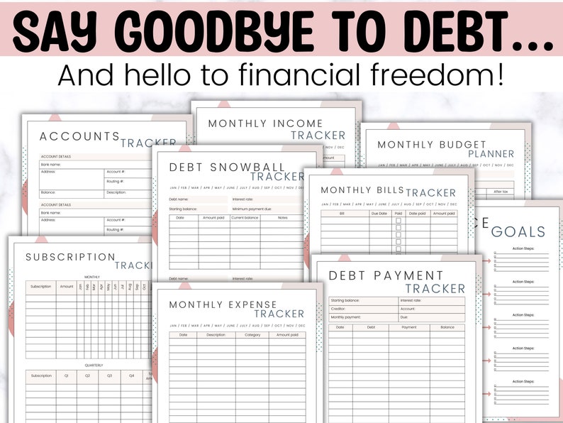 May include: A set of printable financial trackers in a pink and white colour scheme. The trackers include: Accounts, Subscription, Monthly Income, Monthly Budget, Debt Snowball, Monthly Expense, Monthly Bills, Debt Payment, and Goals.
