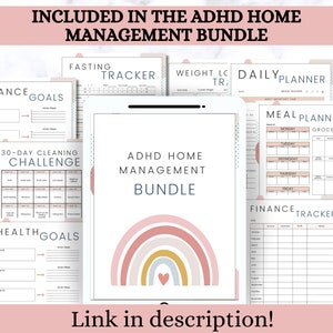 Op de afbeelding: Een digitale printbare bundel voor ADHD-thuismanagement. De bundel bevat trackers voor vasten, gewicht, dagelijkse planning, maaltijdplanning en financi&euml;n. Het ontwerp bevat een regenboog met een hart in het midden.