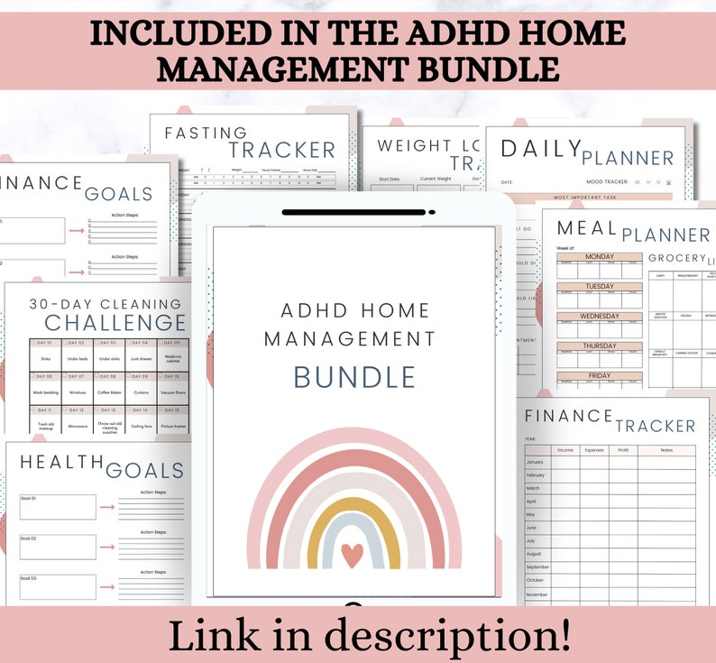 Op de afbeelding: Een digitale printbare bundel voor ADHD-thuismanagement. De bundel bevat trackers voor vasten, gewicht, dagelijkse planning, maaltijdplanning en financi&euml;n. Het ontwerp bevat een regenboog met een hart in het midden.