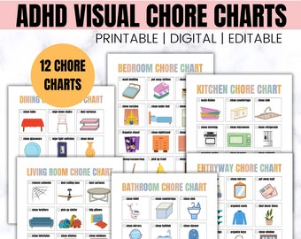 ADHD Visual Chore Charts Printable Editable | Room-by-Room Cleaning Checklist | Kids & Adults | Digital Daily Housework Organizer
