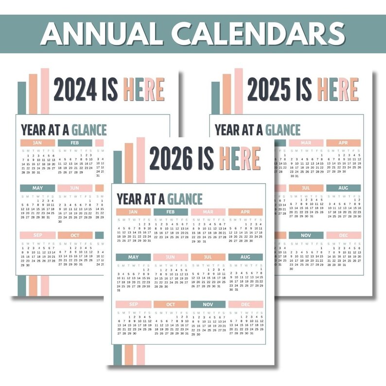 May include: Three printable calendars for the years 2024, 2025, and 2026. Each calendar has a year at a glance layout with months displayed in a grid format. The calendars are designed with a modern aesthetic, featuring a light blue and pink color scheme.