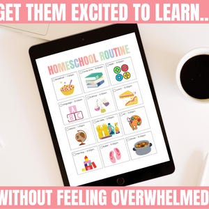 May include: A printable homeschool routine schedule with colorful icons and checkboxes for each activity. The schedule includes activities like breakfast, circle time, math, language, science, lunch, history, life skills, art, ballet, free play, and dinner.