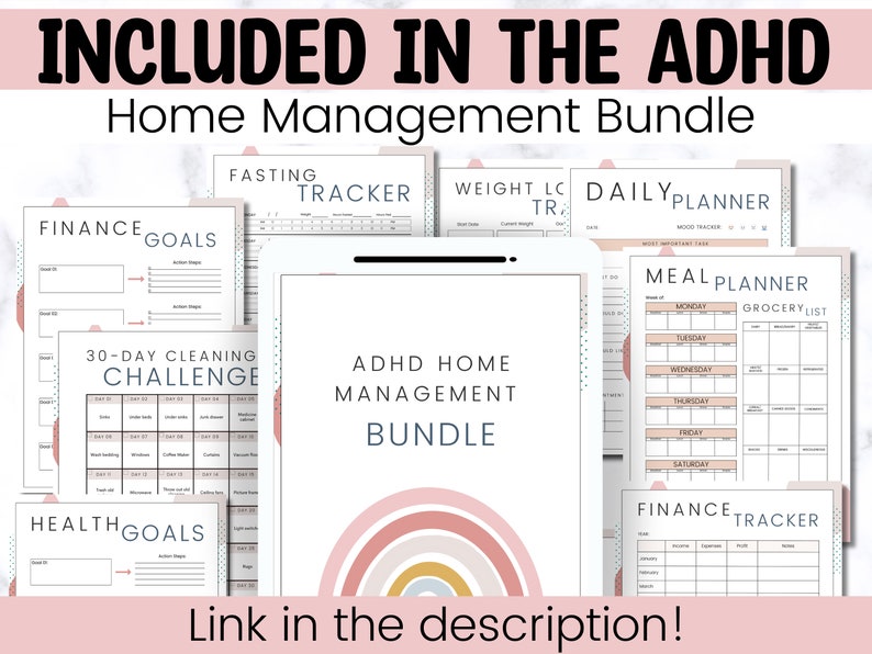 May include: A digital download bundle of printable planners and trackers for home management. The bundle includes a daily planner, meal planner, grocery list, finance tracker, fasting tracker, weight loss tracker, 30-day cleaning challenge, and health goals tracker. The image features a pink and white background with a rainbow design.