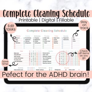 complete cleaning schedule for busy homemakers; edit cleaning tasks; save time cleaning; adhd cleaning checklist