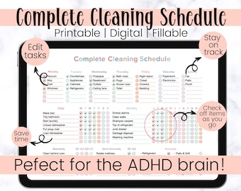 ADHD Chore Chart, Editable Cleaning Template, Adult Home Cleaning Schedule, Digital Cleaning Checklist, Household Cleaning Planner Printable
