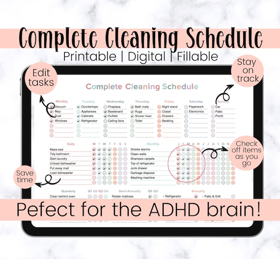 ADHD Chore Chart, Editable Cleaning Template, Adult Home Cleaning Schedule, Digital Cleaning Checklist, Household Cleaning Planner Printable