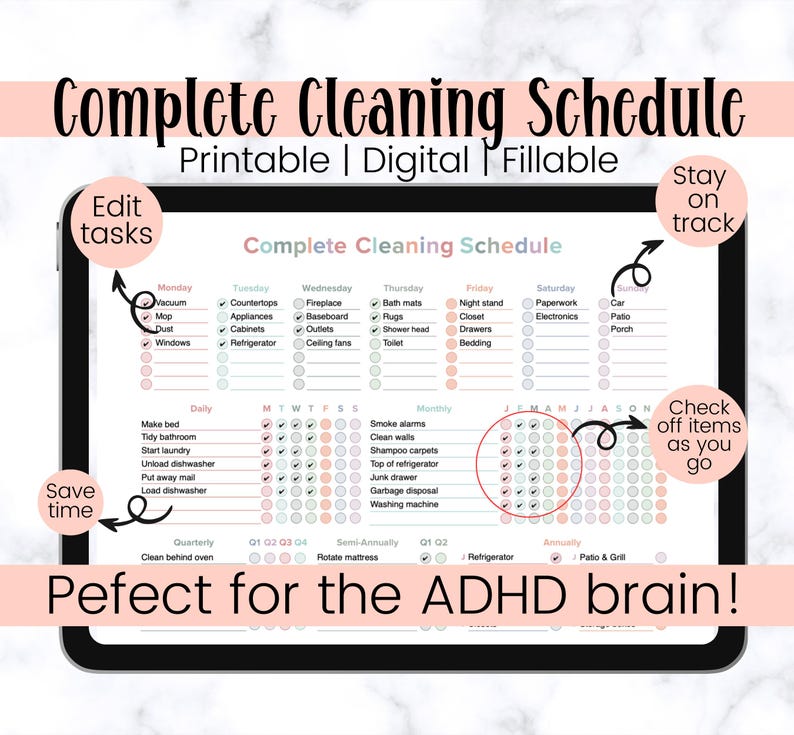complete cleaning schedule for busy homemakers; edit cleaning tasks; save time cleaning; adhd cleaning checklist