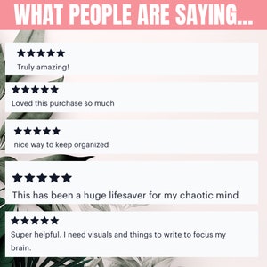 May include: A white background with five customer reviews. Each review includes a five-star rating and a short testimonial. The reviews highlight the product's effectiveness in helping people stay organized and focused.