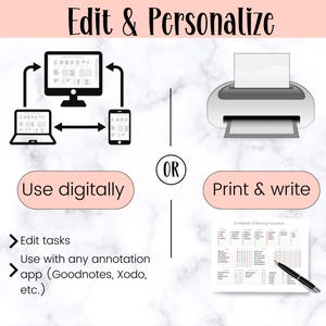 Pu&ograve; includere: Un'illustrazione digitale che mostra due modi per utilizzare un programma di pulizia stampabile. La prima opzione &egrave; quella di utilizzarlo digitalmente su un computer, un tablet o un telefono. La seconda opzione &egrave; quella di stampare il programma e scrivere su di esso. Il testo sull'immagine recita "Edit & Personalize", "Use digitally", "Edit tasks", "Use with any annotation app (Goodnotes, Xodo, etc.)", "OR", "Print & write", e "Complete Cleaning Schedule".