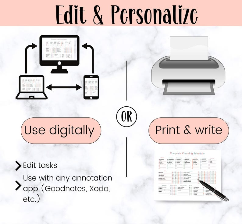 Pu&ograve; includere: Un'illustrazione digitale che mostra due modi per utilizzare un programma di pulizia stampabile. La prima opzione &egrave; quella di utilizzarlo digitalmente su un computer, un tablet o un telefono. La seconda opzione &egrave; quella di stampare il programma e scrivere su di esso. Il testo sull'immagine recita "Edit & Personalize", "Use digitally", "Edit tasks", "Use with any annotation app (Goodnotes, Xodo, etc.)", "OR", "Print & write", e "Complete Cleaning Schedule".