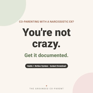 May include: A digital guide and Notion system titled CO-PARENTING WITH A NARCISSISTIC EX? You're not crazy. Get it documented. The text is displayed in dark brown and green on a light cream background with soft pastel circles in the corners.