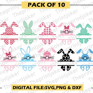 May include: A pack of 10 digital files for creating personalised Easter bunny designs. The files include a variety of bunny designs with different patterns and colours, including pink, blue, green, red, black, and white. The designs are perfect for creating personalised gifts, decorations, or crafts.