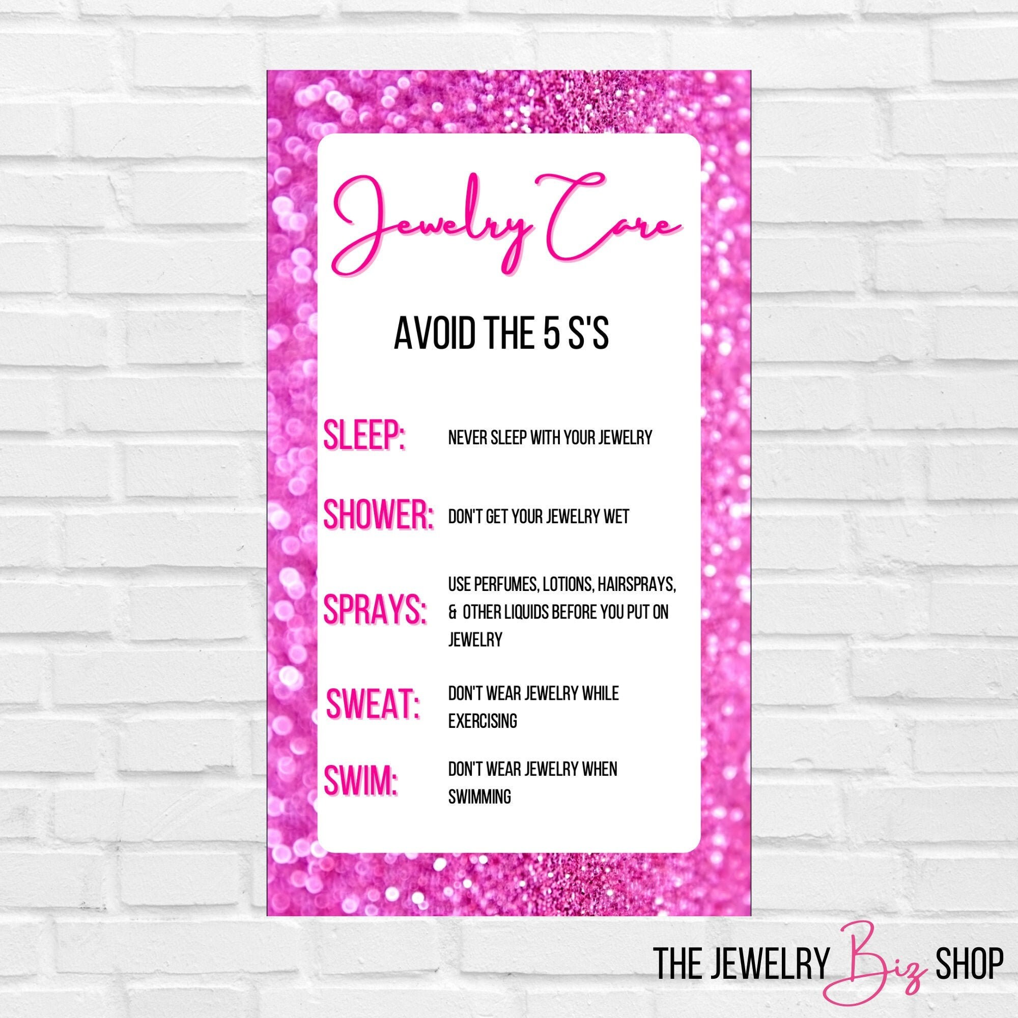 Jewelry Care Card Print Avoid Sleep, Shower, Sprays, Sweat, Swim How to ...